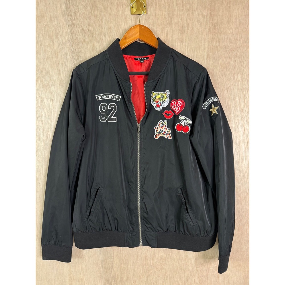 Torrid Letterman Patch Jacket Black Bomber Urban Streetwear Edgy Varsity Size 1